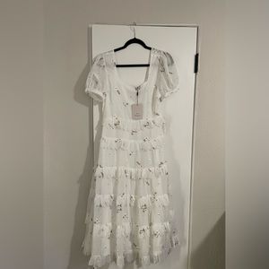 Llacie, adelyn rae white Swiss dot embroidered midi dress with flowers